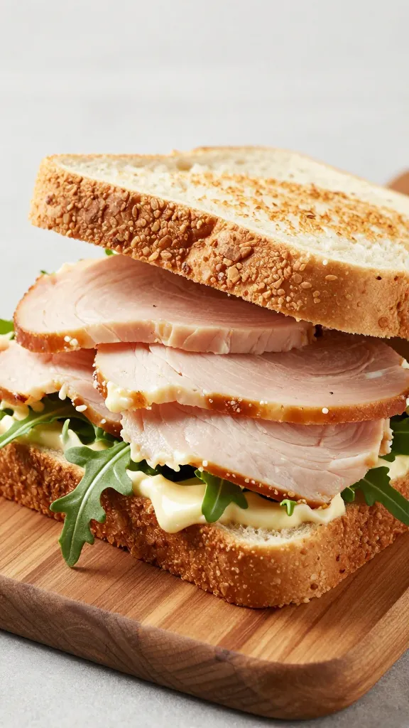 Sliced turkey sandwich with mayo and arugula, wooden board
