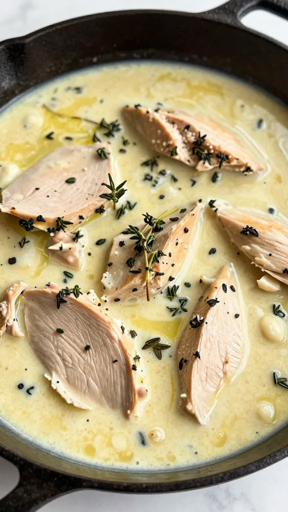 Creamy turkey skillet with broth and thyme, cast iron