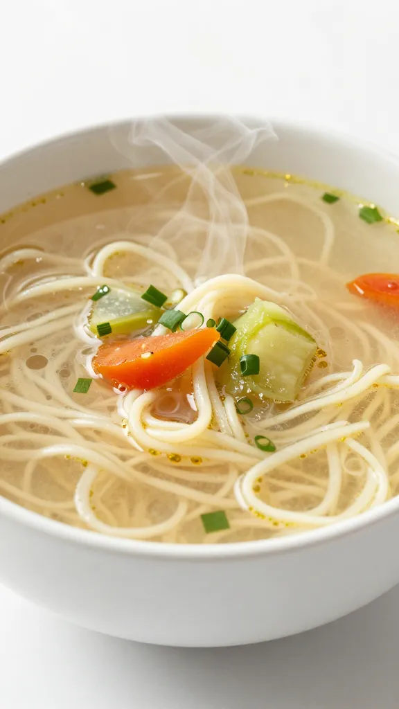 Turkey noodle soup with vegetables, steam rising, white bowl