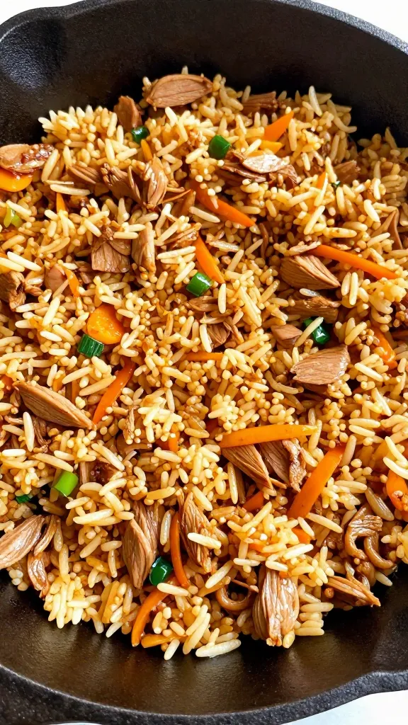 leftover ground turkey fried rice in cast-iron skillet