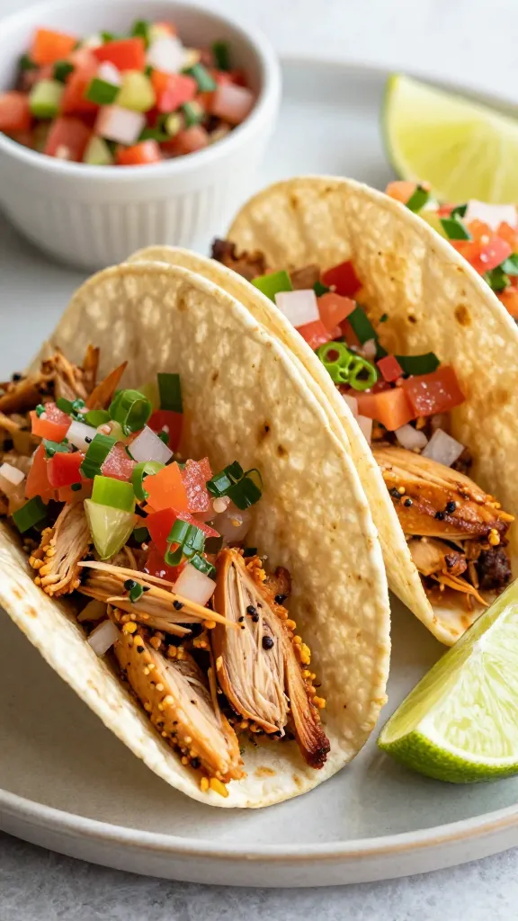 saucy ground turkey tacos with salsa and lime wedges