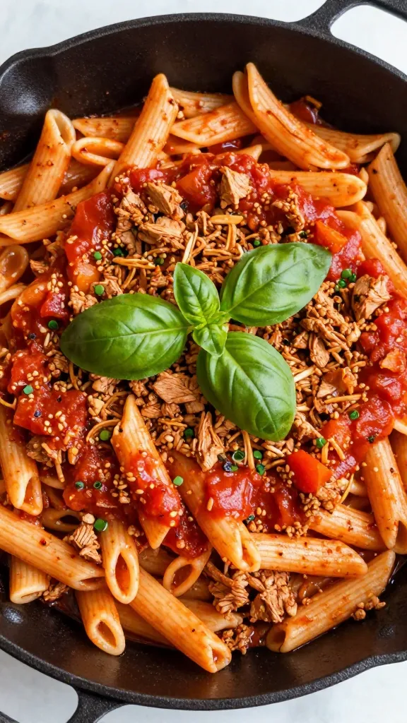 ground turkey pasta skillet with tomato sauce and basil