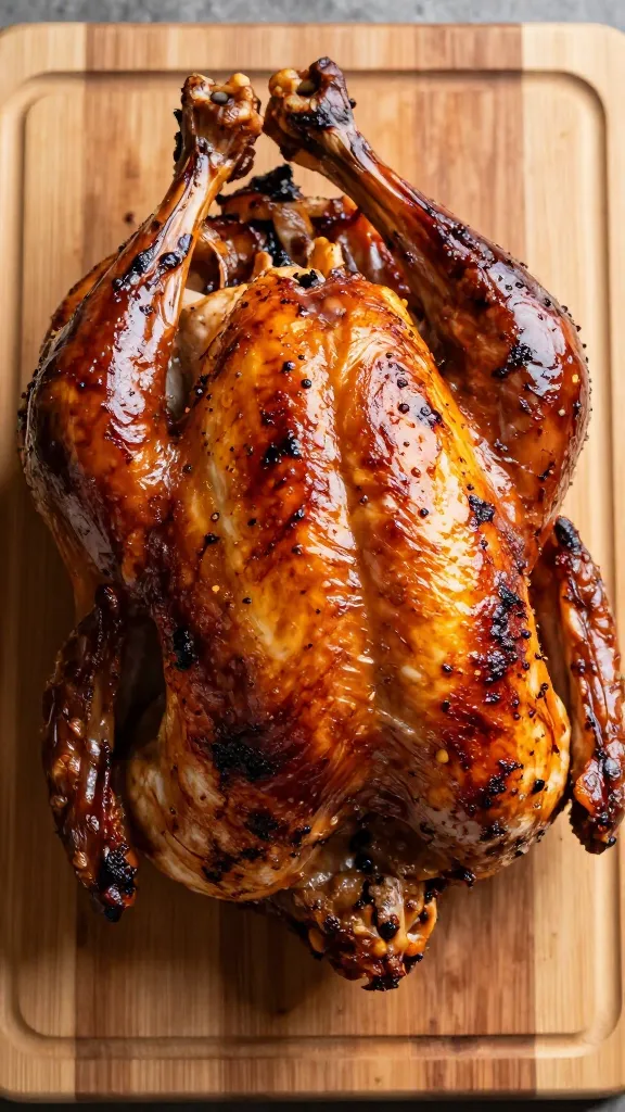 roasted turkey at 425°F, deep browning, carving board