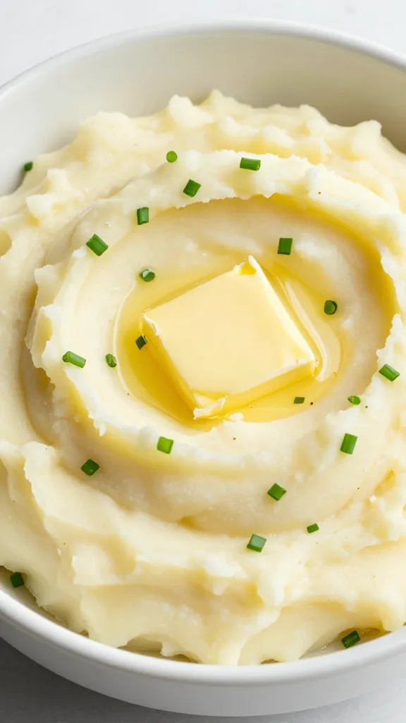 ultra-creamy mashed potatoes in white bowl, butter pool, chives