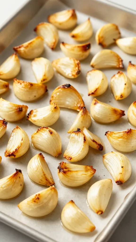 roasted garlic cloves on sheet pan, golden and caramelized