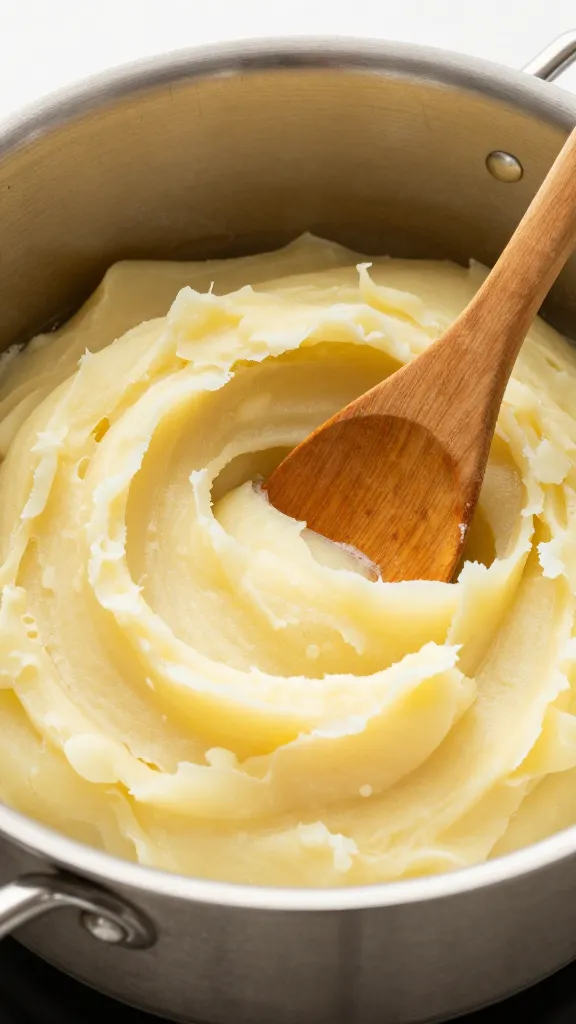 mashed potatoes reheating in saucepan, wooden spoon stirring