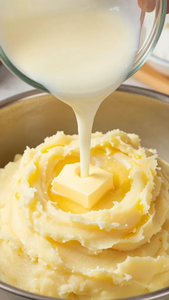 buttermilk and melted butter pouring into mashed potatoes, close-up