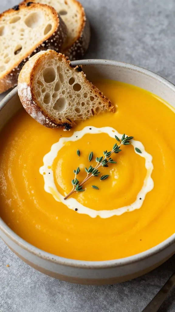Butternut squash soup in rustic bowl, sourdough, thyme garnish