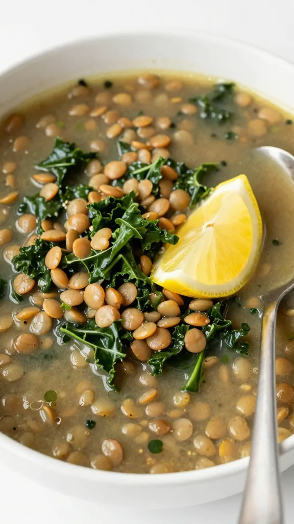 Lentil and kale soup in white bowl, lemon wedge, spoon