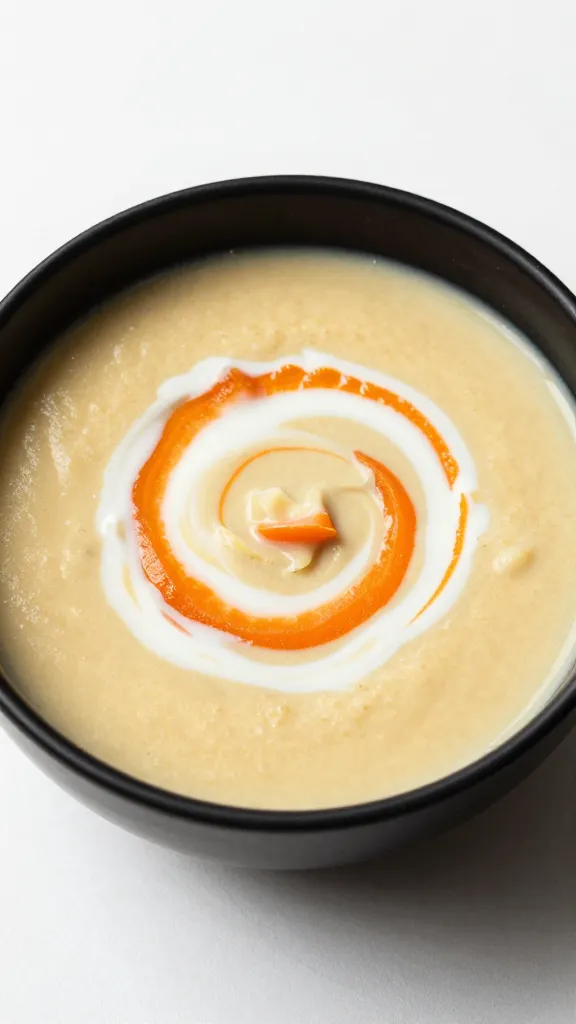 Creamy carrot ginger soup with coconut swirl, black bowl