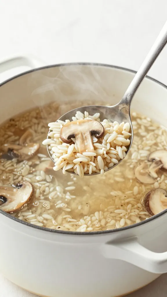 Mushroom barley soup in enamel pot, steam rising, ladle
