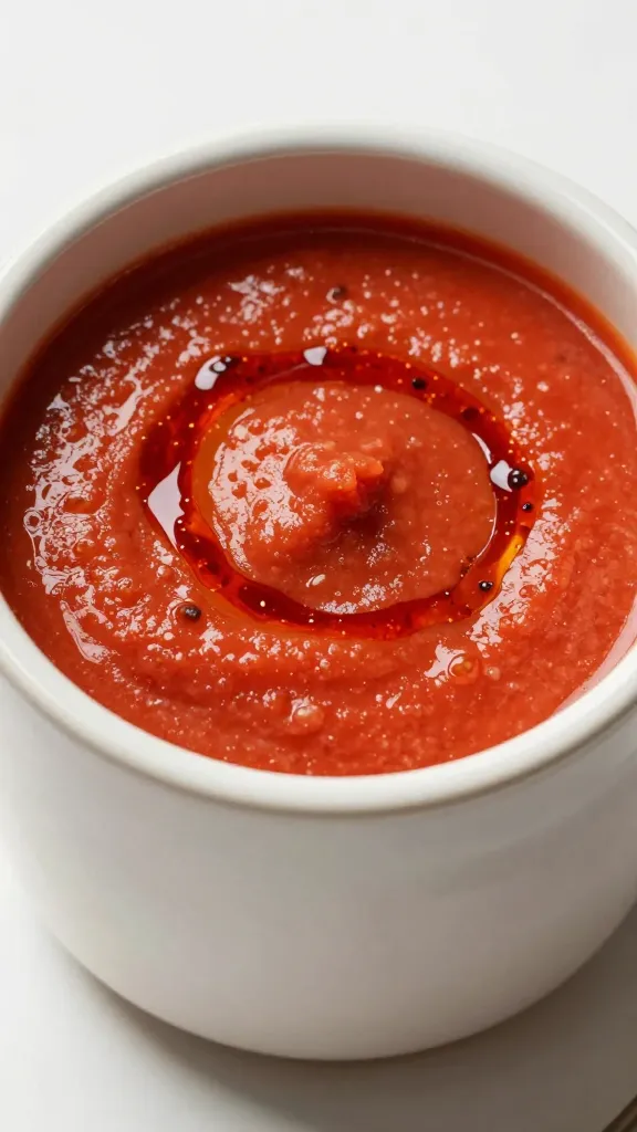 Tomato harissa soup in ceramic mug, chili oil drizzle