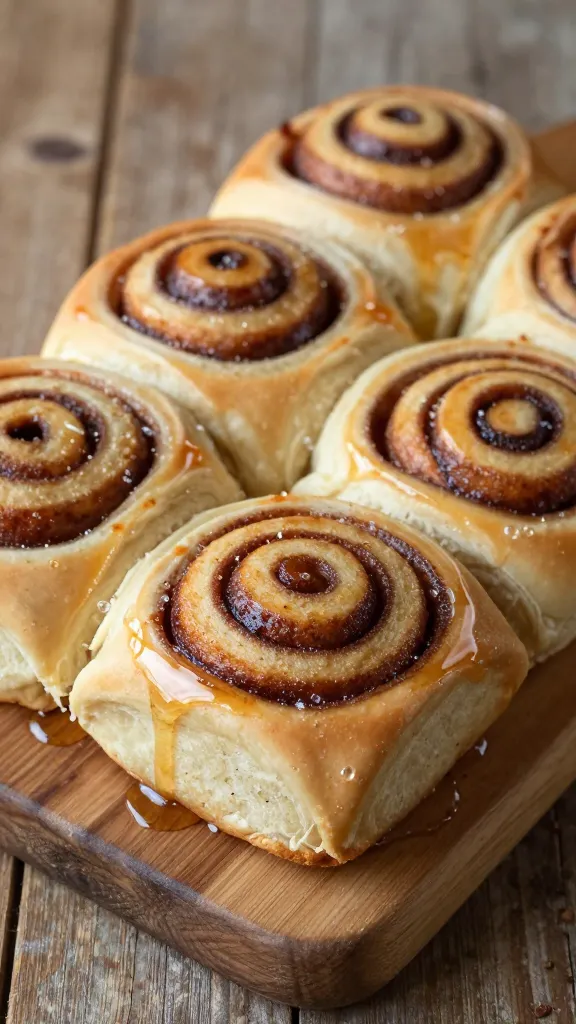 cinnamon rolls on rustic wooden board, maple drizzle