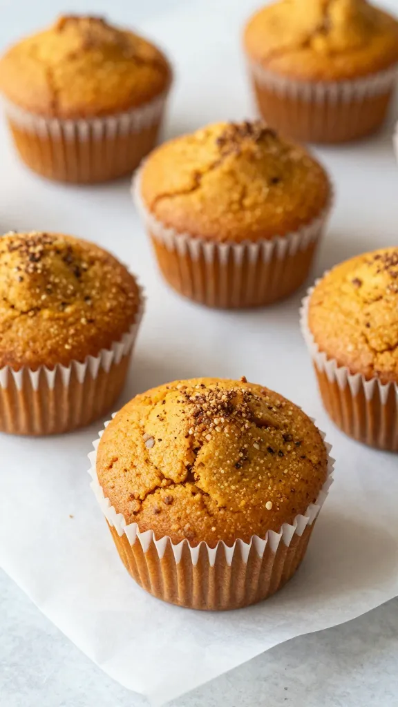 pumpkin spice muffins on parchment, dusted with nutmeg