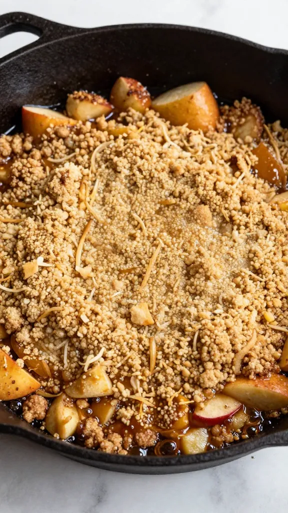 apple crumble in cast-iron skillet, bubbling brown sugar