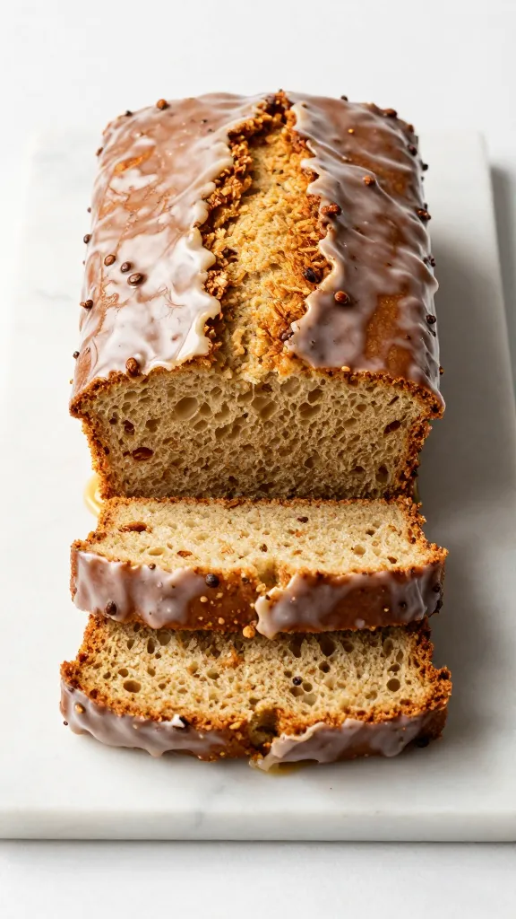 gingerbread loaf sliced on marble, honey glaze
