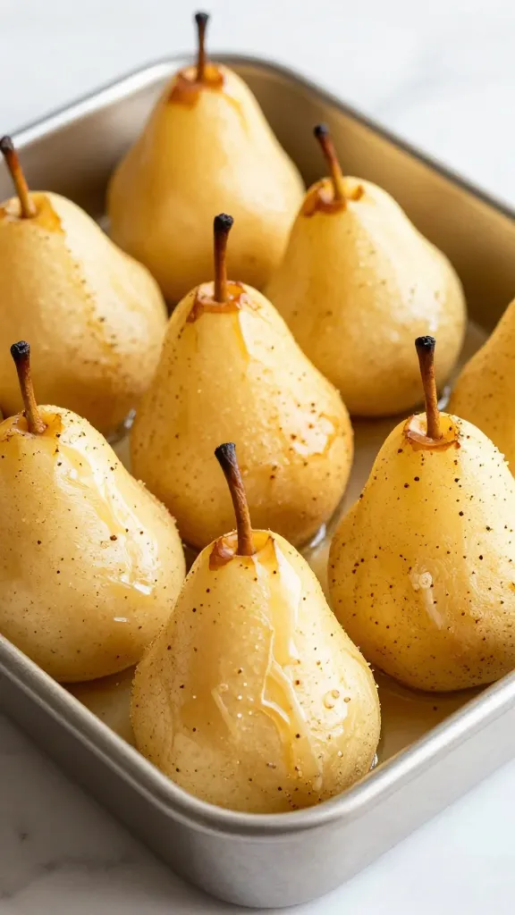 clove-studded pears roasting in tray, butter sheen