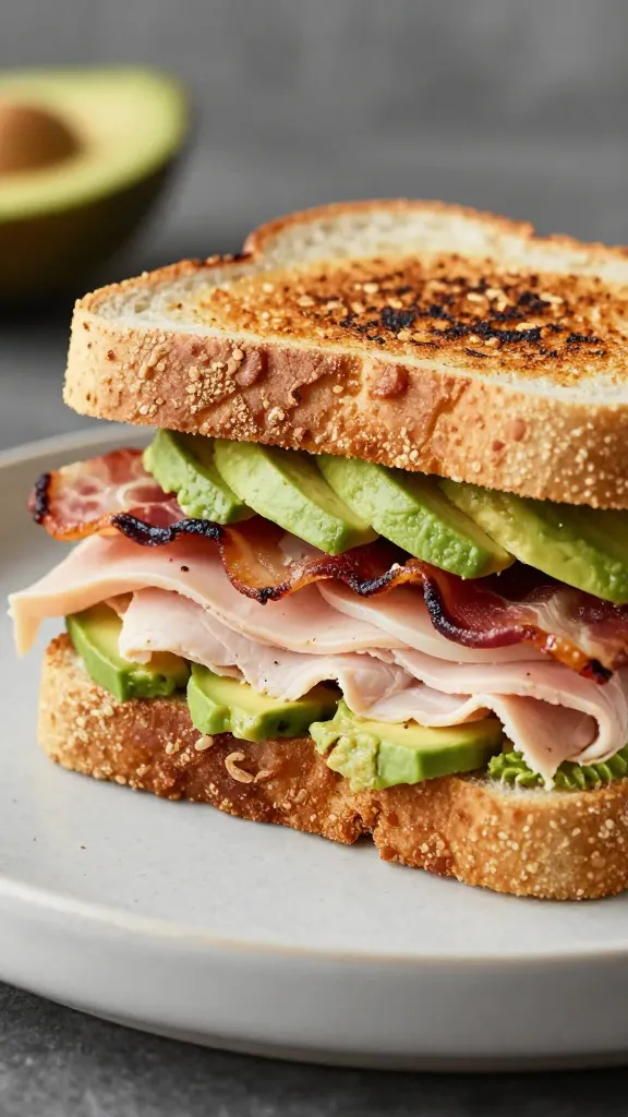 toasted sourdough turkey club with bacon and avocado