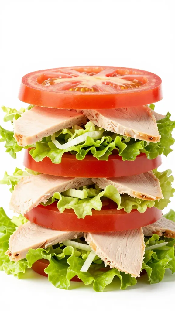 shredded lettuce and thin tomato stacked on turkey