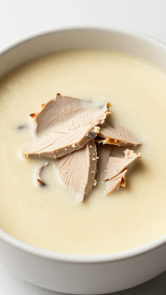 creamy turkey pot pie soup in ceramic bowl