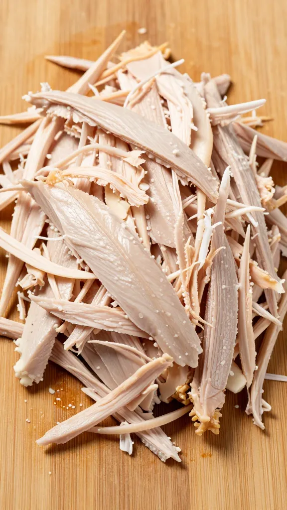 shredded leftover turkey on wooden cutting board