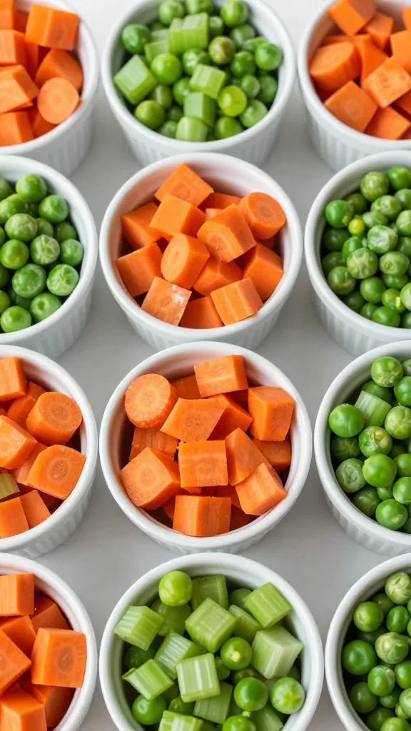 diced carrots, celery, peas arranged in ramekins
