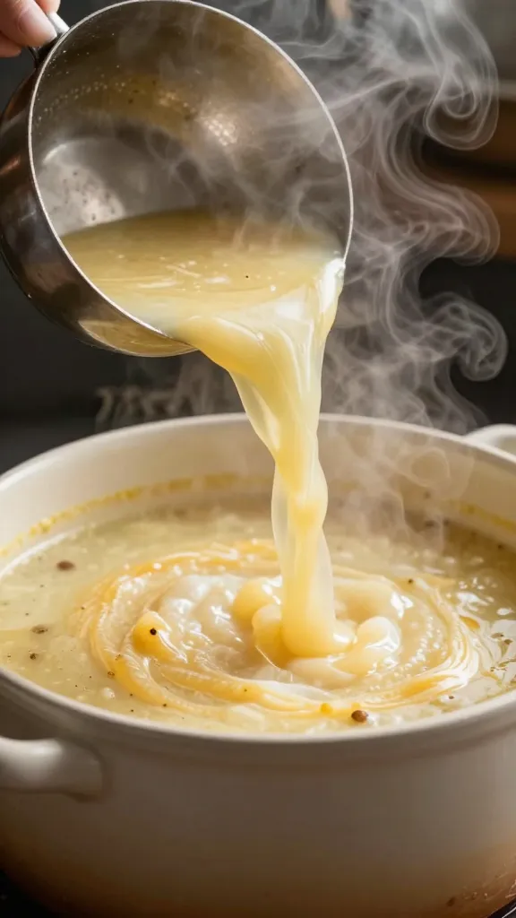 steaming ladle of pot pie soup over pot
