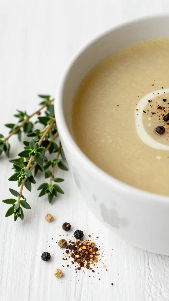 thyme sprigs and cracked pepper beside soup bowl