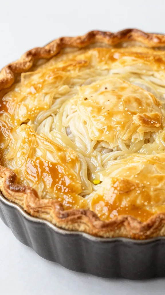 turkey pot pie casserole with golden puff pastry top