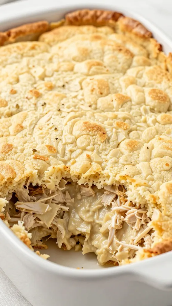 creamy turkey filling in white casserole, flaky biscuit crust