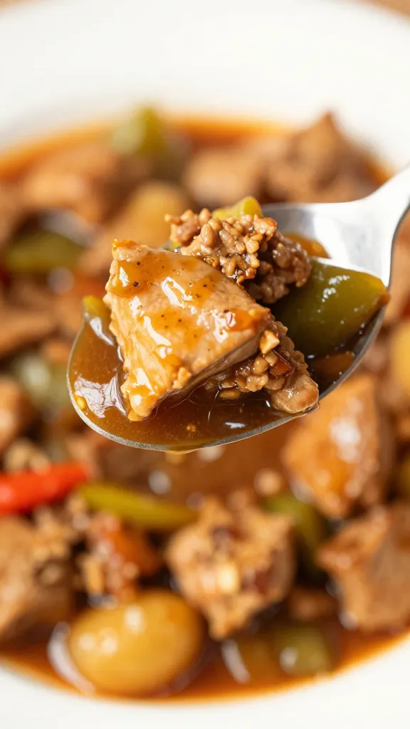 close-up spoonful of saucy turkey and veggies