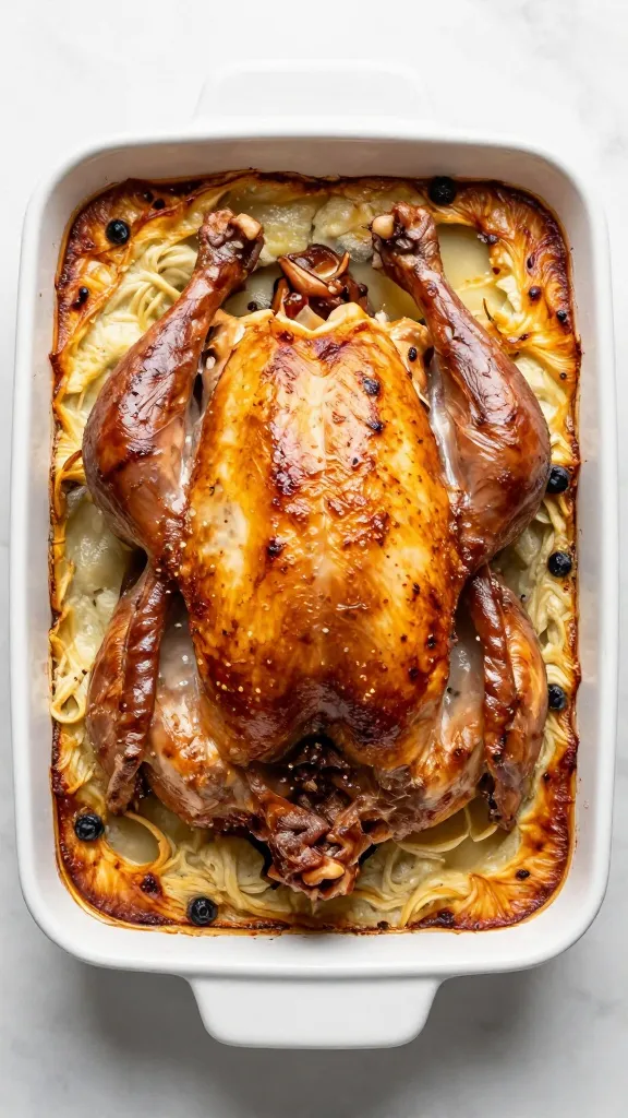 overhead shot of baked turkey casserole on marble