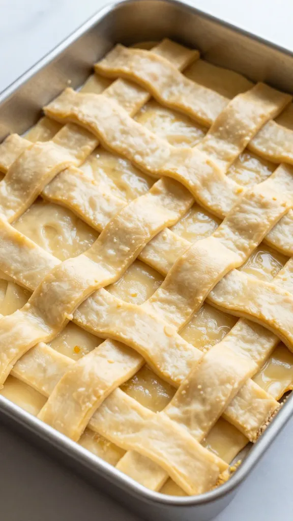 uncooked puff pastry lattice over turkey casserole, pre-bake