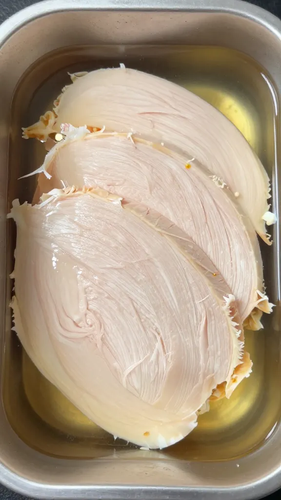 Sliced leftover turkey in shallow container with broth