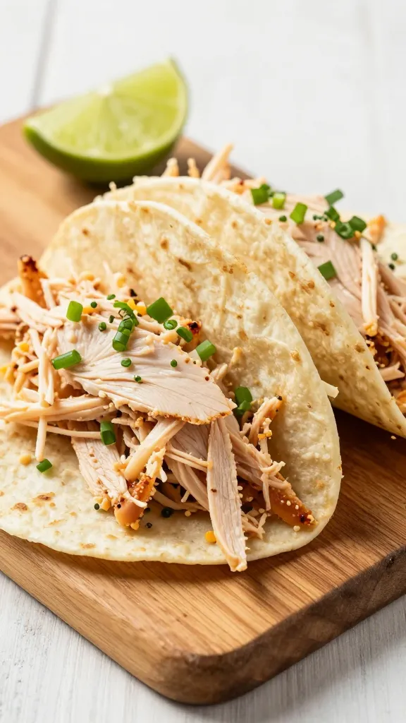 Shredded turkey tacos with lime on wooden board