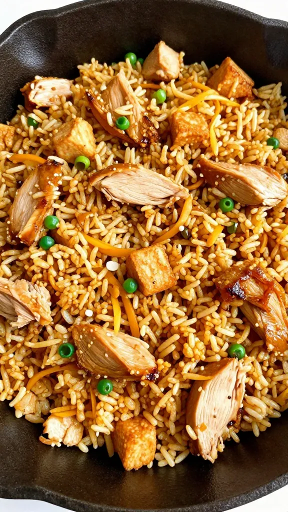 Cubed turkey fried rice in cast-iron skillet