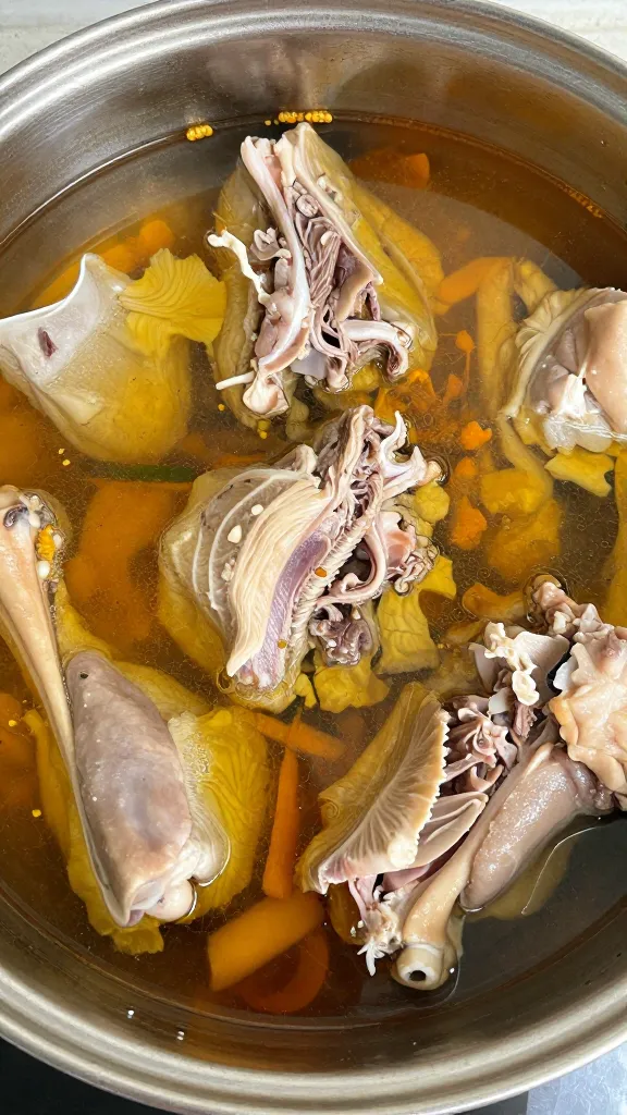 Turkey carcass simmering in stockpot with aromatics