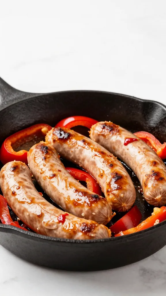 Leftover turkey sausage skillet with bell peppers, cast-iron pan