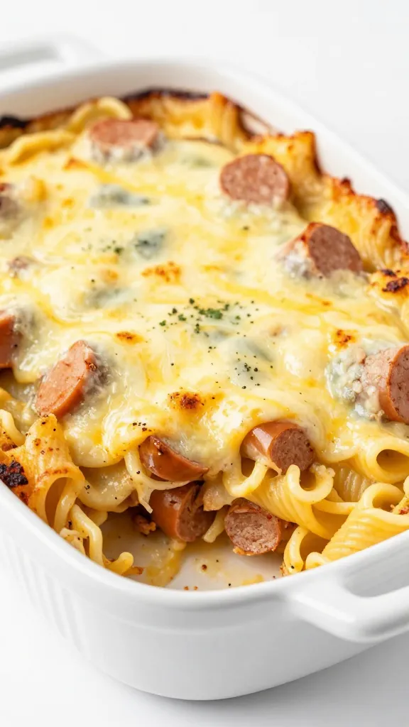 Cheesy turkey sausage pasta bake in white ceramic dish