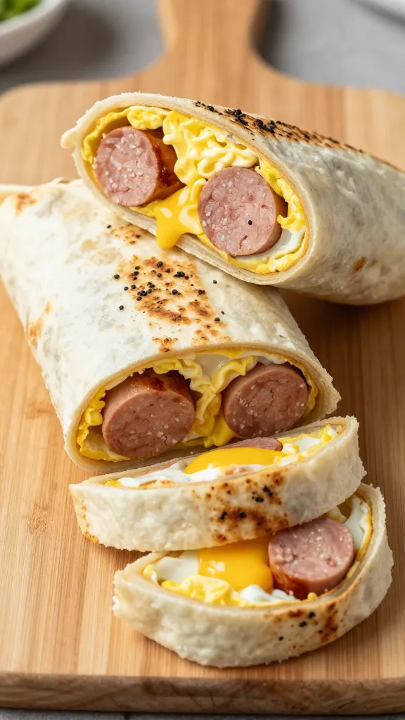 Turkey sausage and egg breakfast burrito, sliced on board