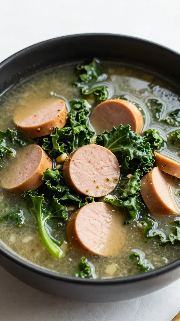 Hearty turkey sausage and kale soup in black bowl