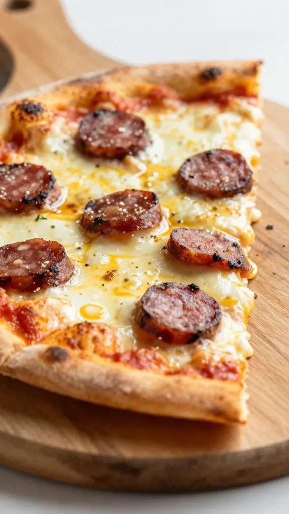 Turkey sausage pizza slice with mozzarella on wooden peel