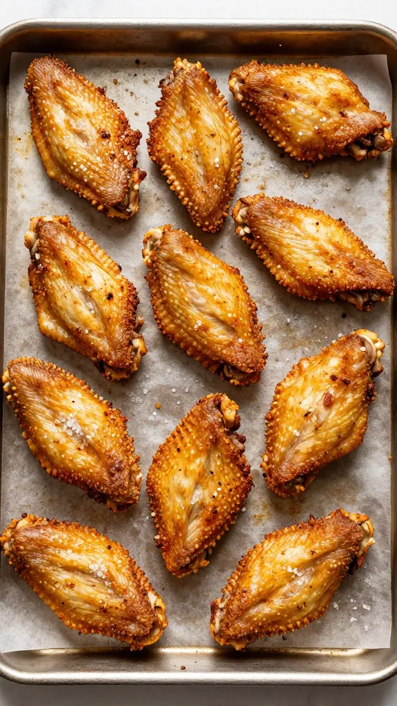 Crispy turkey wings on sheet pan, coarse salt, overhead