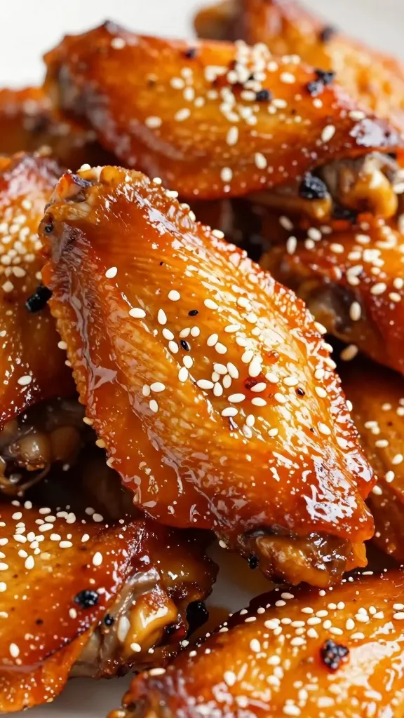 Glazed turkey wings with honey-chili sauce, sesame, close-up