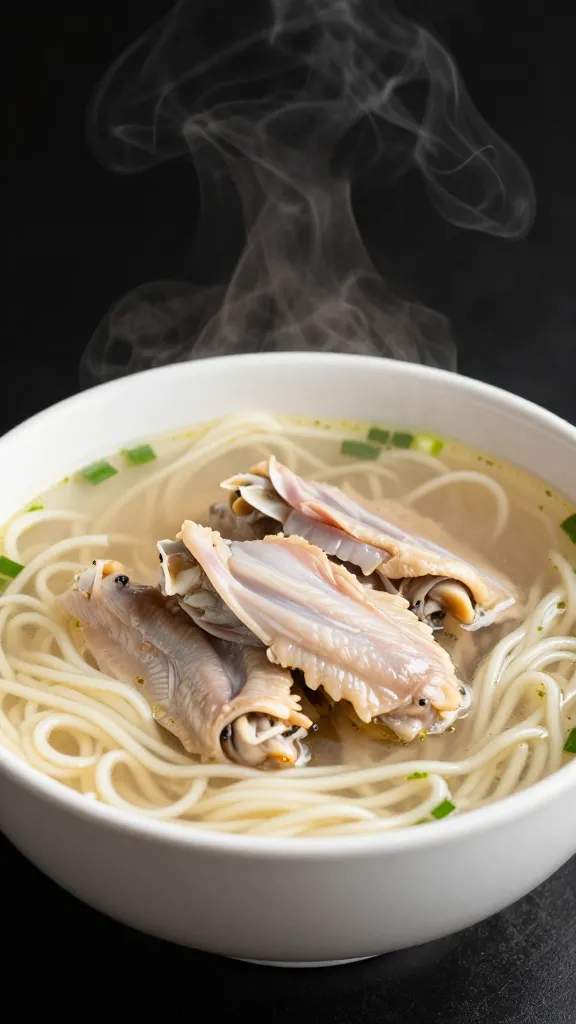 Turkey wing noodle soup in white bowl, steam rising