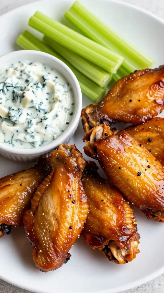 Buffalo turkey wings with celery and blue cheese dip