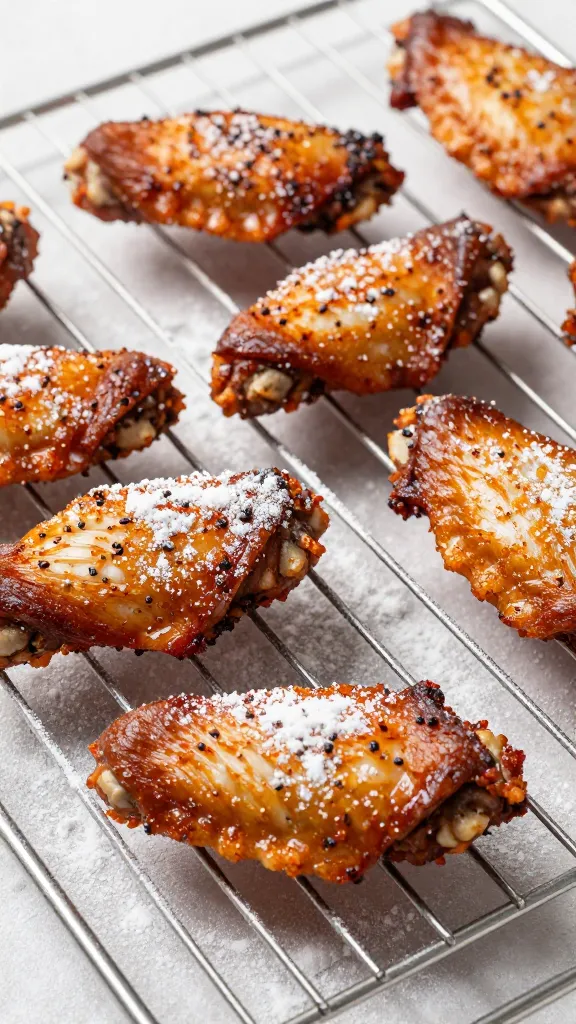 Dry-rubbed turkey wings, baking powder dusting, metal rack