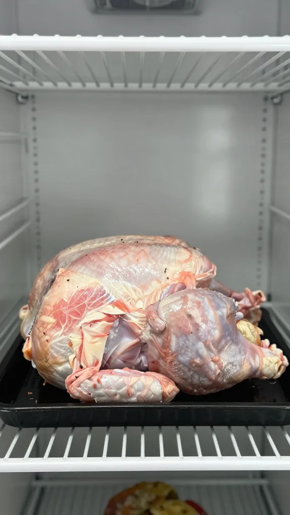 12–14 lb raw turkey on tray, fridge shelf