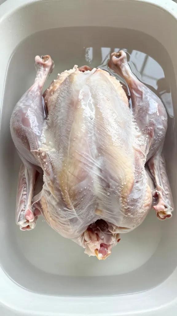 Frozen turkey submerged in clear bin, cold-water thaw
