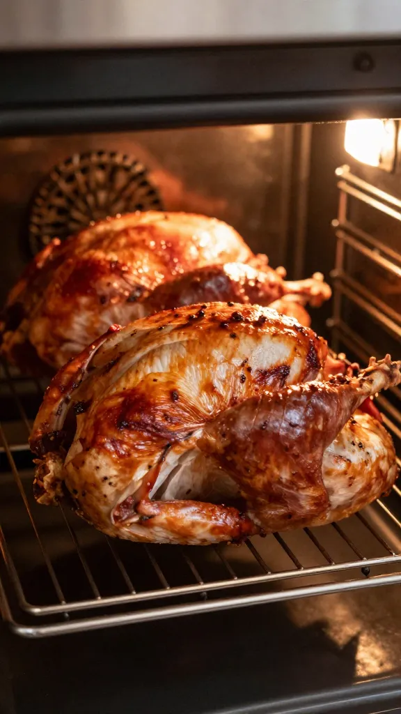 Two medium turkeys on roasting rack, hot oven glow